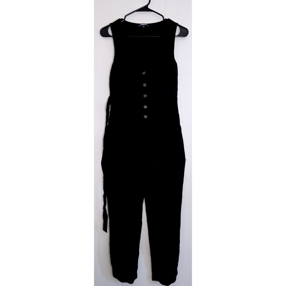Express‎ XS Black Button Front Sleeveless Jumpsuit Tie Waist Rayon Blend Casual